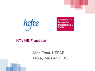 KT / HEIF update


        Alice Frost, HEFCE
        Ashley Malster, DIUS