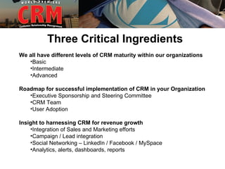 Three Critical Ingredients
We all have different levels of CRM maturity within our organizations
   •Basic
   •Intermediate
   •Advanced

Roadmap for successful implementation of CRM in your Organization
   •Executive Sponsorship and Steering Committee
   •CRM Team
   •User Adoption

Insight to harnessing CRM for revenue growth
    •Integration of Sales and Marketing efforts
    •Campaign / Lead integration
    •Social Networking – LinkedIn / Facebook / MySpace
    •Analytics, alerts, dashboards, reports
 
