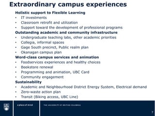 Extraordinary campus experiences
Holistic support to Flexible Learning
• IT investments
• Classroom retrofit and utilization
• Support toward the development of professional programs
Outstanding academic and community infrastructure
• Undergraduate teaching labs, other academic priorities
• Collegia, informal spaces
• Gage South precinct, Public realm plan
• Okanagan campus plan
Word-class campus services and animation
• Foodservices experiences and healthy choices
• Bookstore renewal
• Programming and animation, UBC Card
• Community engagement
Sustainability
• Academic and Neighbourhood District Energy System, Electrical demand
• Zero-waste action plan
• Transit (Biking access, UBC Line)
7
 