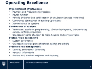Operating Excellence
Organizational effectiveness
• Payment and Procurement processes
• Payroll function
• Parking efficiency and consolidation of University Services front office
• Continuous optimization in Building Operations
• Administrative IT systems
Summer use of campus
• Vancouver: academic programming, 12-month programs, pre-University
camps, conference business
• Okanagan: “game-changer” to make housing and services viable
System-wide perspective
• System governance
• Okanagan strategic plans (financial, capital and urban)
Proactive risk management
• Liquidity and internal borrowing
• Personal Information
• Seismic risk, disaster response and recovery
8
 
