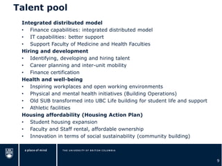 Talent pool
Integrated distributed model
• Finance capabilities: integrated distributed model
• IT capabilities: better support
• Support Faculty of Medicine and Health Faculties
Hiring and development
• Identifying, developing and hiring talent
• Career planning and inter-unit mobility
• Finance certification
Health and well-being
• Inspiring workplaces and open working environments
• Physical and mental health initiatives (Building Operations)
• Old SUB transformed into UBC Life building for student life and support
• Athletic facilities
Housing affordability (Housing Action Plan)
• Student housing expansion
• Faculty and Staff rental, affordable ownership
• Innovation in terms of social sustainability (community building)
9
 