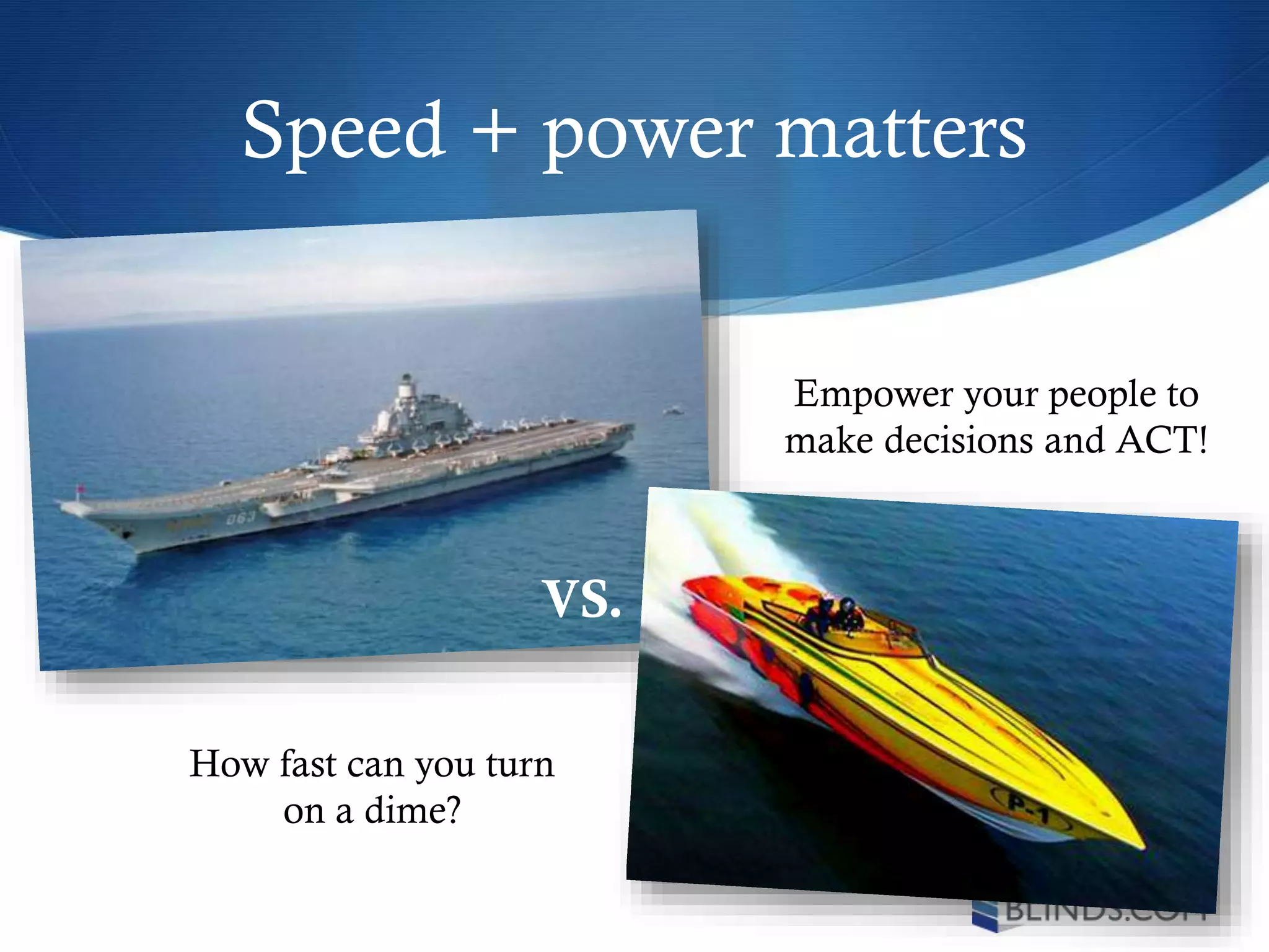 Speed + power matters
VS.
Empower your people to
make decisions and ACT!
How fast can you turn
on a dime?
 