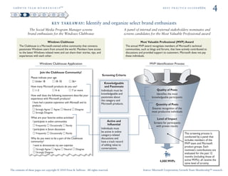 ÖêoïíÜ=íÉ~ã=ã É ã Ä É ê ë Ü á é»                                                                                                         ÄÉëí=éê~ÅíáÅÉ=ÖìáÇÉÄooâ
                                                                                                                                                                                        4
                                      key takeaway: Identify and organize select brand enthusiasts
                The Social Media Program Manager screens                                                 A panel of internal and external stakeholders nominates and
               brand enthusiasts for the Windows Clubhouse                                               screens candidates for the Most Valuable Professional award

                               Windows Clubhouse                                                                        Most Valuable Professional (MVP) Award
       The Clubhouse is a Microsoft-owned online community that connects                                  The annual MVP award recognizes members of Microsoft’s technical
       passionate Windows users from around the world. Members have access                                communities, such as blogs and forums, that have actively contributed to
       to the latest Windows-related news and can share their stories, tips, and                          discussions and provided support to customers. Microsoft does not pay
       experiences with each other.                                                                       these individuals.

                          Windows Clubhouse Application                                                                        MVP Identiﬁcation Process

                          Join the Clubhouse Community!
                                                                                   Screening Criteria
                  Please indicate your age:
                      Under 18           18–35                 36+
                                                                                      Knowledgeable
                  How many Microsoft products do you use?                             and Passionate
                    1–3               4–6           7 or more                      Individuals must be                              Quality of Posts
                                                                                   knowledgeable and                                Identiﬁes the most
                  How well does the following statement describe your
                  experience with Microsoft products?
                                                                                   passionate about                              knowledgeable participants
                                                                                   the category and
                   I have had a positive experience with Microsoft and its         Microsoft products.
                   products                                                                                                         Quantity of Posts
                      Strongly Agree Agree          Neutral      Disagree                                                        Ensures recognition of the
                      Strongly Disagree                                                                                          most productive individuals
                  What are your favorite online activities?                                                                           Level of Impact
                   I participate in online communities                                   Active and
                                                                                                                                   Screens for participants
                      Frequently     Occasionally       Rarely                           Inﬂuential
                                                                                                                                     with proven results
                   I participate in forum discussions                              Individuals must
                                                                                   be active in online
                      Frequently     Occasionally       Rarely                                                                                                 The screening process is
                                                                                   category-related
                                                                                                                                                               conducted by a panel that
                  Why do you want to be a part of the Clubhouse                    discussions and
                  community?                                                                                                                                   includes members of the
                                                                                   have a track record
                                                                                                                                                               MVP team and Microsoft
                    I want to demonstrate my own expertise                         of adding value to
                                                                                                                                                               product groups. Each
                       Strongly Agree Agree         Neutral      Disagree          conversations.
                                                                                                                                                               nominee’s contributions are
                       Strongly Disagree                                                                                                                       evaluated for the past 12
                                                                                                                                                               months (including those of
                                     To see the full version                                                                            4,000 MVPs             active MVPs); all receive the
                                         CLICK HERE                                                                                                            same level of scrutiny.

The contents of these pages are copyright © 2010 Frost & Sullivan. All rights reserved.                                  Source: Microsoft Corporation; Growth Team Membership™ research.
 
