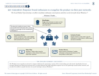 ÖêoïíÜ=íÉ~ã=ã É ã Ä É ê ë Ü á é»                                                                                                      ÄÉëí=éê~ÅíáÅÉ=ÖìáÇÉÄooâ
                                                                                                                                                                                       8
       key takeaway: Empower brand enthusiasts to evangelize the product via their peer networks
             The Social Media Team develops a toolkit to facilitate enthusiast conversations and drive word-of-mouth about Windows 7
                                                                                 Windows 7 Toolkit


                                                                              Blog Badges
                                                                  Windows 7
                                                                              Badges that enthusiasts can place on their
                                                                              web sites help spread awareness of the
                                                                              upcoming launch.
            The electronic toolkits are easy to share
            and provide brand enthusiasts with a variety
            of tools to encourage trial and consideration
            of Windows 7.


                   Countdown Clocks                                                                                        YOU’RE      Invitation Scripts
                   Online countdown clocks, which highlight                                                                            Sample invitation scripts make it easy for
                   the launch date and a “tip of the day,” help                                                                        enthusiasts to create online or ofﬂine events
                                                                                                                           INVITED
                   build excitement for the launch.                                                                                    and attract attendees.




                                            Video Clips                                                         Product Demos
                                            Windows 7 videos make it easy for                                   Demo versions of Windows 7 enables
                                            enthusiasts to share relevant information                           enthusiasts to showcase key features of the
                                            within their networks.                                              new product to their peers.




                                                                   the offline element: live events
          The Windows team expands its outreach to category enthusiasts by sponsoring a variety of live events leading up to the launch. Speciﬁcally, the team
          leverages Meetup.com (http://www.meetup.com), an online platform that helps individuals organize face-to-face gatherings around similar interests, and
          provides the toolkits to people that have set up such meetings to discuss Windows 7.




The contents of these pages are copyright © 2010 Frost & Sullivan. All rights reserved.                               Source: Microsoft Corporation; Growth Team Membership™ research.
 