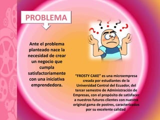 PROBLEMA

 Ante el problema
planteado nace la
necesidad de crear
  un negocio que
      cumpla
satisfactoriamente     “FROSTY CAKE” es una microempresa
 con una iniciativa          creada por estudiantes de la
  emprendedora.          Universidad Central del Ecuador, del
                        tercer semestre de Administración de
                      Empresas, con el propósito de satisfacer
                       a nuestros futuros clientes con nuestra
                      original gama de postres, caracterizados
                               por su excelente calidad.
 