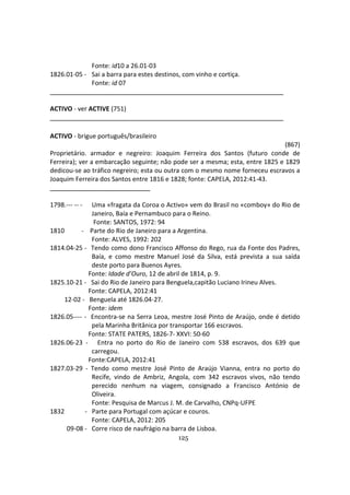 125
Fonte: id10 a 26.01-03
1826.01-05 - Sai a barra para estes destinos, com vinho e cortiça.
Fonte: id 07
ACTIVO - ver ACTIVE (751)
ACTIVO - brigue português/brasileiro
(867)
Proprietário. armador e negreiro: Joaquim Ferreira dos Santos (futuro conde de
Ferreira); ver a embarcação seguinte; não pode ser a mesma; esta, entre 1825 e 1829
dedicou-se ao tráfico negreiro; esta ou outra com o mesmo nome forneceu escravos a
Joaquim Ferreira dos Santos entre 1816 e 1828; fonte: CAPELA, 2012:41-43.
1798.--- -- - Uma «fragata da Coroa o Activo» vem do Brasil no «comboy» do Rio de
Janeiro, Baía e Pernambuco para o Reino.
Fonte: SANTOS, 1972: 94
1810 - Parte do Rio de Janeiro para a Argentina.
Fonte: ALVES, 1992: 202
1814.04-25 - Tendo como dono Francisco Affonso do Rego, rua da Fonte dos Padres,
Baía, e como mestre Manuel José da Silva, está prevista a sua saída
deste porto para Buenos Ayres.
Fonte: Idade d’Ouro, 12 de abril de 1814, p. 9.
1825.10-21 - Sai do Rio de Janeiro para Benguela,capitão Luciano Irineu Alves.
Fonte: CAPELA, 2012:41
12-02 - Benguela até 1826.04-27.
Fonte: idem
1826.05---- - Encontra-se na Serra Leoa, mestre José Pinto de Araújo, onde é detido
pela Marinha Britânica por transportar 166 escravos.
Fonte: STATE PATERS, 1826-7- XXVI: 50-60
1826.06-23 - Entra no porto do Rio de Janeiro com 538 escravos, dos 639 que
carregou.
Fonte:CAPELA, 2012:41
1827.03-29 - Tendo como mestre José Pinto de Araújo Vianna, entra no porto do
Recife, vindo de Ambriz, Angola, com 342 escravos vivos, não tendo
perecido nenhum na viagem, consignado a Francisco António de
Oliveira.
Fonte: Pesquisa de Marcus J. M. de Carvalho, CNPq-UFPE
1832 - Parte para Portugal com açúcar e couros.
Fonte: CAPELA, 2012: 205
09-08 - Corre risco de naufrágio na barra de Lisboa.
 