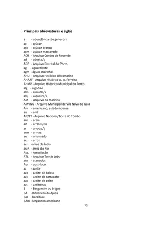 13
Principais abreviaturas e siglas
a - abundância (de géneros)
aç - açúcar
açb - açúcar branco
açm - açúcar mascavado
ACR - Arquivo Condes de Resende
ad - aduela/s
ADP - Arquivo Distrital do Porto
ag - aguardente
agm - águas marinhas
AHU - Arquivo Histórico Ultramarino
AHAAF - Arquivo Histórico A. A. Ferreira
AHMP - Arquivo Histórico Municipal do Porto
alg - algodão
alm - almude/s
alq - alqueire/s
AM - Arquivo da Marinha
AMVNG - Arquivo Municipal de Vila Nova de Gaia
Am - americano, estadunidense
an - anil
AN/TT - Arquivo Nacional/Torre do Tombo
are - areia
art - arrátel/eis
ar - arroba/s
arm - armas
arr - arruinado
arz - arroz
arzI -arroz da Índia
arzR - arroz do Rio
Ass. - Associação
ATL - Arquivo Tomás Lobo
atn - atanados
Aus - austríaco
az - azeite
azb - azeite de baleia
azc - azeite de carrapato
azp - azeite de peixe
azt - azeitonas
B - Bergantim ou brigue
BA -Biblioteca da Ajuda
Bac - bacalhau
BAm -Bergantim americano
 