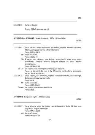 132
(21)
1818.01-03 - Surto no Douro
Fonte: FM 18.01-03 a 04-28
AFFRICANO ou AFRICANO - Bergantim sardo - 107 a 130 toneladas
(1015)
1824.04-07 - Entra a barra, vindo de Génova por Lisboa, capitão Benedicto Lottero,
44 dias, com papel e arroz a André Carbone.
Fonte: PM 24.04-10
09 - Surto no Douro.
Fonte: id13 a 24
24 - À carga para Génova, por Lisboa, pretendendo «sair com muita
brevidade», corretor Nicolau Joaquim Pereira da Silva, mesmo
consignatário.
Fonte: id24 a 07-27
05-13 - Sai a barra para aquele porto, com açúcar e couros.
Fonte: id 15 (confusão com o BIg Affricano), mantendo-se assinalado,
em vez deste, até 08-10).
1825.04-15 - Entra a barra, 107 toneladas, capitão Francisco Perfumo, vindo de Vigo,
3 dias, com trigo a Manoel Isola.
Fonte: id 16
29 - Surto no Douro.
Fonte: id 05-03 a 07
05-09 - Sai a barra para Génova, em lastro.
Fonte: id 10
AFFRICANO - Bergantim inglês - 200 toneladas
(1019)
1824.05-07 - Entra a barra, vindo de Lisboa, capitão Benedicto Bollo, 14 dias, com
trigo a Luiz Miguel d'Azevedo.
Fonte: PM 24.05-08
11 - Surto no Douro.
Fonte: id11 a 07-27
 