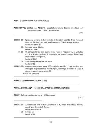 136
AGNETA - ver AGNETHA VOU EMDEN (407)
AGNETHA VOU EMDEN ousó AGNETA - Galeota hanoveriana de duas cobertas e com
passaporte turco - 100 a 150 toneladas
(407)
1818.05-29 - Apresenta-se fora da barra vinda de Embden, capitão Brugt Hendrick
Bleecker, 28 dias, com trigo, ervilha e óleo a O'Neill Morice & Comp..
Fonte: FM 18.05-30
30 - Entrou a barra, 34 dias.
Fonte: id 02-06
06-06 - Os consignatários, com escritório na rua dos Fogueteiros, às Virtudes,
nos. 2 e 3 põe a galeota à disposição de quem a quiser fretar para
Marselha ou Montpellier.
Fonte: id 06;09
28 - Sai a barra para Setúbal em lastro.
Fonte: id 30
1824.09-25 - Apresenta-se fora da barra, 100 toneladas, capitão L. S. de Norden, sem
indicação de procedência (Hamburgo?), com trigo e centeio a Maya &
Comp., mas retirou-se no dia 26.
Fonte: PM 24.09-28
AGONIA - ver SENHOR D' AGONIA (1785)
AGONIA E ESPERANÇA - ver SENHORA D'AGONIA E ESPERANÇA (162)
AGOST - Galeota mecklemburguesa - 120 toneladas
(1312)
1825.03-26 - Apresenta-se fora da barra,capitão H. S. B., vinda de Rostock, 30 dias,
com trigo a Azevedo & Comp..
Fonte: PM 25.03-26
28 - Retirou-se.
Fonte: id 29
 