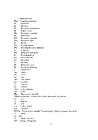14
(estadunidense)
BAus -Bergantim austríaco
Bb - Bombarda
bc - barrica/s
BD - Bergantim dinamarquês
BE - Brigue-Escuna
BEp - Bergantim espanhol
bh - barrilinho/s
BHl - Bergantim holandês
BIng - Bergantim inglês
bl - barril/is
Bm - Bremen; bremês
BNB - Biblioteca Nacional do Brasil
bo - boião/ ões
BPt - Bergantim português
Br - Brasil; brasileiro
brb - barba de baleia
brc - borrachas
brt - barrotes
BS - Bergantim sueco
BV - Bergantim de Vapor
C - Caxemarim
cab - cabelo
cac - cacau
caf - café
cafR - café do Rio
can - canada/s
cb - cabeça/s
cbl - cebolas
cdtb - cedro, tabuado
ceb - cebo
CEp - Caxemarim espanhol
CEPESE - Centro de Estudos da População, Economia e Sociedade
cer - cera
cg - à carga
ch - chá
chb - chifres de boi
chp - chapéu/s
CITCEM - Centro de Investigação Transdisciplinar «Cultura, Espaço e Memória»
Cl - Chalupa
cla - cola
ClF - Chalupa francesa
ClPt - Chalupa portuguesa
 