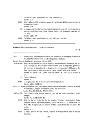162
22 - Sai a barra para aquele destino, com sal e cortiça.
Fonte: id 24
08-04 - Entra a barra, 116 toneladas, vinda de Hamburgo, 17 dias, com cevada a
Azevedo & Comp..
Fonte: id 06
20 - À carga para Hamburgo, mesmos consignatários, «a sair com brevidad»;
corretor José Vieira da Costa Peixoto Júnior, rua Nova dos Ingleses, nº
15 e 16.
Fonte: id20 a 30
09-06 - Sai a barra para aquele destino, com sal, fruta e cortiça.
Fonte: id 10
AMALIA - Bergantim português - 120 a 130 toneladas
(1027)
1811. - Uma galera Amália encontrava-se nos estaleiros de Itapagipe do Arsenal
Real da Marinha na Baía, construída por José da Costa.
Fonte: Correio Braziliense, janeiro de 1813, p. 617.
1824.08-13 - Entra a barra vindo do Rio de Janeiro,capitão Manuel Gomes de Sá, 82
dias, consignado a Candido Gomes Varella, com os seguintes géneros:
25 cx, 4 fx e bc de açúcar; 6 bc de goma; 34 coussueiras; 2.300 couros de
boi; 150 m de sola; 660 sc de arroz; 260 sc de café e 21 sc de farinha.
Fonte: PM 24.08-14 e 17; FRUTUOSO;GUINOTE & LOPES 2001: 250 diz a
14.
17 - Surto no Douro.
Fonte: id 17
09-04 - À carga para o Rio de Janeiro, mesmo consignatário.
Fonte: id04 a 25.01-08
<10-22 - Sendo senhorio e caixa o consignatário acima mencionado, e mestre Manuel
Gomes de Sá, requer passaporte para o Rio de Janeiro.
Fonte: AHU_CU_017, Cx. 293, D. 20734.
1825.01-07 - Sai a barra para aquele destino com sal «e mais fazendas», onde
chegou.
Fonte: PM 25.01-08; 05-21
07-16 - Entra a barra, vindo do Rio de Janeiro, 73 dias, consignado a João
Mallen, com os seguintes géneros: 570 sc de arroz; 91 sc de farinha; 22
fx e 4 bc de açúcar; 1.456 couros de boi; 6.000 chifres de boi; 29 bc de
unto.
Fonte: id 23
09-03 - À carga para o Rio de Janeiro, capitão e consignatário José de Sousa
Fonseca.
 