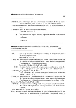 170
AMIZADE – Bergantim hamburguês – 180 toneladas
(86)
1798.08-22 - Uma embarcação com esta denominação entra a barra do Douro, capitão
Henrique de Haan, vinda de Pernau, 42 dias, com linho a Guerner.
Fonte: Correio Mercantil, e Economico de Portugal, n.º36, 4 de setembro de 1798, p.
285.
1818.01-03 - Surto no Douro, com destino a Charleston.
Fonte: FM 18.01-03 a 17
19 - Sai a barra com aquele destino, capitão Herman C. Hertzendorff
em lastro.
Fonte: id 20
AMIZADE - Bergantim português; brasileiro (26.07-03) - 100 a 160 toneladas
Ver Amizade do Porto (24) (265)
1798.--- -- - Um navio Amizade vem do Brasil no «comboy» do Rio de Janeiro, Baía e
Pernambuco para o Reino.
Fonte: SANTOS, 1972: 92
1816.02-24 - Sendo senhorio José Alves da Cunha Rosa & Companhia e mestre José
da Fonseca Luz, obtém passaporte para seguir viagem do Porto para a
Figueira e daí para o Rio de Janeiro e volta.
Fonte: AHU_ACL_CU_017, Cx. 274, D. 19018
04-22 - Sendo senhorios Nogueira & Companhia e mestre Bernardo Carlos dos
Santos, obtém passaporte para seguir do Porto para o Rio de Janeiro.
Fonte: AHU_ACL_CU_017, Cx. 275, D. 19067
Entre 1816 e 1828 terá transportado escravos para Joaquim Ferreira dos
Santos; CAPELA, 2012:43.
1817.04-10 - Sendo senhorios e mestreJosé Alves da Cunha Rosa & Companhia e José
da Fonseca Luz, obtêm passaporte para seguir viagem do Porto para a
Figueira e daí para o Rio de Janeiro com escala em Pernambuco e volta.
Fonte: AHU_ACL_CU_017, Cx. 277, D. 19306
1818.02-20 - Tendo comosenhorios Nogueira & Companhia e mestre Bernardo Carlos
dos Santos, obtém passaporte para seguir da Baía para Pernambuco e
Londres.
Fonte: AHU_ACL_CU_005, Cx. 260, D. 18240
04-18 - Entra a barra do Douro vindo da Baía, 57 dias,capitão Bernardo Carlos dos
Santos com os seguintes géneros consignados a Nogueira & Comp.: 73
 