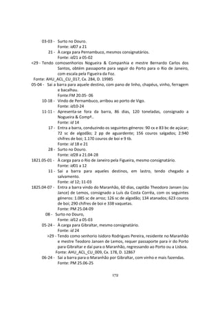 172
03-03 - Surto no Douro.
Fonte: id07 a 21
21 - À carga para Pernambuco, mesmos consignatários.
Fonte: id21 a 05-02
<29 - Tendo comosenhorios Nogueira & Companhia e mestre Bernardo Carlos dos
Santos, obtém passaporte para seguir do Porto para o Rio de Janeiro,
com escala pela Figueira da Foz.
Fonte: AHU_ACL_CU_017, Cx. 284, D. 19985
05-04 - Sai a barra para aquele destino, com pano de linho, chapéus, vinho, ferragem
e bacalhau.
Fonte:FM 20.05- 06
10-18 - Vindo de Pernambuco, arribou ao porto de Vigo.
Fonte: id10-24
11-11 - Apresenta-se fora da barra, 86 dias, 120 toneladas, consignado a
Nogueira & Compª..
Fonte: id 14
17 - Entra a barra, conduzindo os seguintes géneros: 90 cx e 83 bc de açúcar;
72 sc de algodão; 2 pp de aguardente; 156 couros salgados; 2.940
chifres de boi; 1.170 couros de boi e 9 tb.
Fonte: id 18 e 21
28 - Surto no Douro.
Fonte: id28 a 21.04-28
1821.05-01 - À carga para o Rio de Janeiro pela Figueira, mesmo consignatário.
Fonte: id01 a 12
11 - Sai a barra para aqueles destinos, em lastro, tendo chegado a
salvamento.
Fonte: id 12; 11-03
1825.04-07 - Entra a barra vindo do Maranhão, 60 dias, capitão Theodoro Jansen (ou
Jance) de Lemos, consignado a Luís da Costa Corrêa, com os seguintes
géneros: 1.085 sc de arroz; 126 sc de algodão; 134 atanados; 623 couros
de boi; 290 chifres de boi e 338 vaquetas.
Fonte: PM 25.04-09
08 - Surto no Douro,
Fonte: id12 a 05-03
05-24 - À carga para Gibraltar, mesmo consignatário.
Fonte: id 24
>29 - Tendo como senhorio Isidoro Rodrigues Pereira, residente no Maranhão
e mestre Teodoro Jansen de Lemos, requer passaporte para ir do Porto
para Gibraltar e daí para o Maranhão, regressando ao Porto ou a Lisboa.
Fonte: AHU_ACL_CU_009, Cx. 178, D. 12867
06-24 - Sai a barra para o Maranhão por Gibraltar, com vinho e mais fazendas.
Fonte: PM 25.06-25
 
