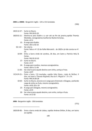 188
ANN ou ANNA - Bergantim inglês - 124 a 131 toneladas
(769)
1819.12-27 - Surto no Douro.
Fonte: FM 20.01-01
1820.01-11 - Destina-se para Dublin e a sair até ao fim de janeiro,capitão Thomás
Westlake, consignatários Guilherme Rocher & Comp..
Fonte: id 11
15 - À carga para Dublin.
Fonte: id15 a 02-22
02->22 - Sai a barra.
Fonte: falta o nº. 22 da Folha Mercantil... de 1820 e já não consta na nº.
23.
10-09 - Entra a barra vindo de Londres, 26 dias, em lastro a Patrício Hely &
Comp..
Fonte: FM 20.10-10
17 - Surto no Douro.
Fonte: id 17
24 - À carga para Londres, mesmos consignatários.
Fonte: id24 a 11-04
11-05 - Sai a barra para aquele destino com vinho, cortiça e fruta.
Fonte: id 07
1824.09-26 - Entra a barra, 124 toneladas, capitão John Henry, vindo de Belfast, 8
dias, em lastro a Thomás Biglands, Rua de S. Miguel nº. 35 e 36.
Fonte: PM 24.09-28
10-02 - Surto no Douro, anuncia-se à carga para Greenock e Glasgow, aceitando
carga de vinho ou fruta, mesmo consignatário.
Fonte: id 02; 05 a 19
23 - À carga para Glasgow, mesmo consignatário.
Fonte: id 23
30 - Sai a barra para aquele destino, com vinho, cortiça e fruta.
Fonte: id 11-02
ANN - Bergantim inglês - 106 toneladas
(771)
1820.09-06 - Entra a barra vindo de Lisboa, capitão Andrew Shillan, 8 dias, em lastro
ao capitão.
 