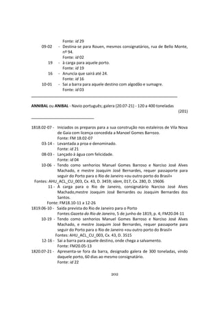 202
Fonte: id 29
09-02 - Destina-se para Rouen, mesmos consignatários, rua de Bello Monte,
nº 94.
Fonte: id 02
19 - à carga para aquele porto.
Fonte: id 19
16 - Anuncia que sairá até 24.
Fonte: id 16
10-01 - Sai a barra para aquele destino com algodão e sumagre.
Fonte: id 03
ANNIBAL ou ANIBAL - Navio português; galera (20.07-21) - 120 a 400 toneladas
(201)
1818.02-07 - Iniciados os preparos para a sua construção nos estaleiros de Vila Nova
de Gaia com licença concedida a Manoel Gomes Barrozo.
Fonte: FM 18.02-07
03-14 - Levantada a proa e denominado.
Fonte: id 21
08-03 - Lançado à água com felicidade.
Fonte: id 04
10-06 - Tendo como senhorios Manuel Gomes Barroso e Narciso José Alves
Machado, e mestre Joaquim José Bernardes, requer passaporte para
seguir do Porto para o Rio de Janeiro «ou outro porto do Brasil»
Fontes: AHU_ACL_CU_003, Cx. 43, D. 3459; idem, 017, Cx. 280, D. 19606
11 - À carga para o Rio de Janeiro, consignatário Narciso José Alves
Machado,mestre Joaquim José Bernardes ou Joaquim Bernardes dos
Santos.
Fonte: FM18.10-11 a 12-26
1819.06-10 - Saída prevista do Rio de Janeiro para o Porto
Fontes:Gazeta do Rio de Janeiro, 5 de junho de 1819, p. 4; FM20.04-11
10-19 - Tendo como senhorios Manuel Gomes Barroso e Narciso José Alves
Machado, e mestre Joaquim José Bernardes, requer passaporte para
seguir do Porto para o Rio de Janeiro «ou outro porto do Brasil»
Fontes: AHU_ACL_CU_003, Cx. 43, D. 3515
12-16 - Sai a barra para aquele destino, onde chega a salvamento.
Fonte: FM20.05-13
1820.07-21 - Apresenta-se fora da barra, designado galera de 300 toneladas, vindo
daquele porto, 60 dias ao mesmo consignatário.
Fonte: id 22
 