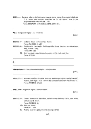 228
1832………- Durante o Cerco do Porto uma escuna com o nome Avon, propriedade de
T. I. Smith, descarregou provisões na Foz do Douro; este já era
proprietário de um navio em 1820.
Fonte: BOLLAERT, 1870: 136; SELLERS, 1899: 187.
AZIA – Bergantim inglês – 163 toneladas
(1053)
1819.12-27 - Surto no Douro com destino a Dublin.
Fonte: FM 20.01-01 a 04
1820.01-08 - Destina-se a Liverpool e Dublin,capitão Henry Harrison, consignatários
Hely, Todd & Comp..
Fonte: id08 a 29
31 - Sai a barra para aqueles destinos, com vinho, fruta e cortiça.
Fonte: id 02-01
B
BAHIA PAQUETE - Bergantim hamburguês - 204 toneladas
(1055)
1824.10-18 - Apresenta-se fora da barra, vindo de Hamburgo, capitão Henry Zaetlieff,
71 dias, com trigo a João Ferreira dos Santos Silva Júnior, mas retirou-se.
Fonte: PM 24.10-19 e 23
BALCLUTA – Bergantim inglês – 139 toneladas
(1353)
1825.10-10 - Entra a barra vindo de Lisboa, capitão James Salmon, 6 dias, com milho
a Wucherer & Rahm.
Fonte: PM 25.10-11
17 - Surto no Douro.
Fonte: id22 a 25
25 - À carga para Liverpool, mesmos consignatários.
 
