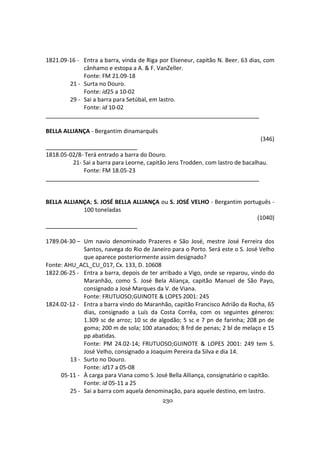 230
1821.09-16 - Entra a barra, vinda de Riga por Elseneur, capitão N. Beer, 63 dias, com
cânhamo e estopa a A. & F. VanZeller.
Fonte: FM 21.09-18
21 - Surta no Douro.
Fonte: id25 a 10-02
29 - Sai a barra para Setúbal, em lastro.
Fonte: id 10-02
BELLA ALLIANÇA - Bergantim dinamarquês
(346)
1818.05-02/8- Terá entrado a barra do Douro.
21- Sai a barra para Leorne, capitão Jens Trodden, com lastro de bacalhau.
Fonte: FM 18.05-23
BELLA ALLIANÇA; S. JOSÉ BELLA ALLIANÇA ou S. JOSÉ VELHO - Bergantim português -
100 toneladas
(1040)
1789.04-30 – Um navio denominado Prazeres e São José, mestre José Ferreira dos
Santos, navega do Rio de Janeiro para o Porto. Será este o S. José Velho
que aparece posteriormente assim designado?
Fonte: AHU_ACL_CU_017, Cx. 133, D. 10608
1822.06-25 - Entra a barra, depois de ter arribado a Vigo, onde se reparou, vindo do
Maranhão, como S. José Bela Aliança, capitão Manuel de São Payo,
consignado a José Marques da V. de Viana.
Fonte: FRUTUOSO;GUINOTE & LOPES 2001: 245
1824.02-12 - Entra a barra vindo do Maranhão, capitão Francisco Adrião da Rocha, 65
dias, consignado a Luís da Costa Corrêa, com os seguintes géneros:
1.309 sc de arroz; 10 sc de algodão; 5 sc e 7 pn de farinha; 208 pn de
goma; 200 m de sola; 100 atanados; 8 frd de penas; 2 bl de melaço e 15
pp abatidas.
Fonte: PM 24.02-14; FRUTUOSO;GUINOTE & LOPES 2001: 249 tem S.
José Velho, consignado a Joaquim Pereira da Silva e dia 14.
13 - Surto no Douro.
Fonte: id17 a 05-08
05-11 - À carga para Viana como S. José Bella Alliança, consignatário o capitão.
Fonte: id 05-11 a 25
25 - Sai a barra com aquela denominação, para aquele destino, em lastro.
 