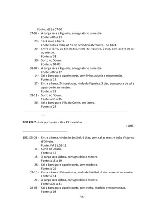 237
Fonte: id26 a 07-06
07-06 - À carga para a Figueira, consignatário o mestre.
Fonte: id06 a 13
23 - Terá saído a barra.
Fonte: falta a folha nº 59 do Periódico Mercantil... de 1824.
29 - Entra a barra, 26 toneladas, vindo da Figueira, 2 dias, com pedra de cal
ao mestre.
Fonte: id 31
30 - Surto no Douro.
Fonte: id 08-03
08-07 - À carga para a Figueira, consignatário o mestre.
Fonte: id07 a 17
14 - Sai a barra para aquele porto, com linho, aduela e encomendas.
Fonte: id 17
27 - Entra a barra, 24 toneladas, vindo da Figueira, 3 dias, com pedra de cal e
aguardente ao mestre.
Fonte: id 28
09-11 - Surto no Douro.
Fonte: id14 a 25
26 - Sai a barra para Villa do Conde, em lastro.
Fonte: id 28
BEM FELIZ - Iate português - 16 a 45 toneladas
(1001)
1821.05-08 - Entra a barra, vindo de Setúbal, 6 dias, com sal ao mestre João Victorino
d'Oliveira.
Fonte: FM 21.05-12
11 - Surto no Douro.
Fonte: id 15
15 - À carga para Lisboa, consignatário o mestre.
Fonte: id15 a 29
28 - Sai a barra para aquele porto, com madeira.
Fonte: id 29
07-10 - Entra a barra, 20 toneladas, vindo de Setúbal, 6 dias, com sal ao mestre.
Fonte: id 14
21 - À carga para Lisboa, consignatário o mestre.
Fonte: id21 a 31
08-03 - Sai a barra para aquele porto, com vinho, madeira e encomendas.
Fonte: id 04
 