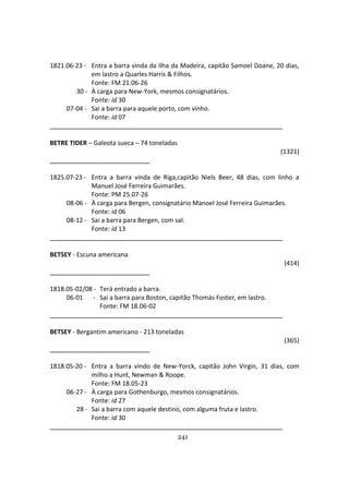 241
1821.06-23 - Entra a barra vinda da Ilha da Madeira, capitão Samoel Doane, 20 dias,
em lastro a Quarles Harris & Filhos.
Fonte: FM 21.06-26
30 - À carga para New-York, mesmos consignatários.
Fonte: id 30
07-04 - Sai a barra para aquele porto, com vinho.
Fonte: id 07
BETRE TIDER – Galeota sueca – 74 toneladas
(1321)
1825.07-23 - Entra a barra vinda de Riga,capitão Niels Beer, 48 dias, com linho a
Manuel José Ferreira Guimarães.
Fonte: PM 25.07-26
08-06 - À carga para Bergen, consignatário Manoel José Ferreira Guimarães.
Fonte: id 06
08-12 - Sai a barra para Bergen, com sal.
Fonte: id 13
BETSEY - Escuna americana
(414)
1818.05-02/08 - Terá entrado a barra.
06-01 - Sai a barra para Boston, capitão Thomás Foster, em lastro.
Fonte: FM 18.06-02
BETSEY - Bergantim americano - 213 toneladas
(365)
1818.05-20 - Entra a barra vindo de New-Yorck, capitão John Virgin, 31 dias, com
milho a Hunt, Newman & Roope.
Fonte: FM 18.05-23
06-27 - À carga para Gothenburgo, mesmos consignatários.
Fonte: id 27
28 - Sai a barra com aquele destino, com alguma fruta e lastro.
Fonte: id 30
 