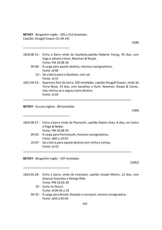 242
BETSEY - Bergantim inglês - 205 a 212 toneladas
Capitão: Dougall Cowan (21.04-24)
(508)
1818.08-15 - Entra a barra vindo do Quebeck,capitão Roberto Young, 39 dias, com
trigo e aduela a Hunt, Newman & Roope.
Fonte: FM 18.08-18
09-08 - À carga para aquele destino, mesmos consignatários.
Fonte: id 08
13 - Sai a barra para o Quebeck, com sal.
Fonte: id 15
1821.04-23 - Apareceu fora da barra, 205 toneladas, capitão Dougall Cowan, vindo da
Terra Nova, 14 dias, com bacalhau a Hunt, Newman, Roope & Comp.,
mas retirou-se e seguiu outro destino.
Fonte: id 24
BETSEY - Escuna inglesa - 80 toneladas
(789)
1820.08-27 - Entra a barra vinda de Plymouth, capitão Robert Aves, 8 dias, em lastro
a Page & Noble.
Fonte: FM 20.08-29
09-05 - À carga para Portsmouth, mesmos consignatários.
Fonte: id05 a 10-07
10-07 - Sai a barra para aquele destino com vinho e cortiça.
Fonte: id 10
BETSEY - Bergantim inglês - 107 toneladas
(1042)
1824.03-28 - Entra a barra, vindo de Liverpool, capitão Joseph Martin, 12 dias, com
diversas fazendas a George Ride.
Fonte: PM 24.03-30
29 - Surto no Douro.
Fonte: id 04-03 a 10
04-10 - À carga para Bristol, Hoylake e Liverpool, mesmo consignatário.
Fonte: id10 a 05-04
 