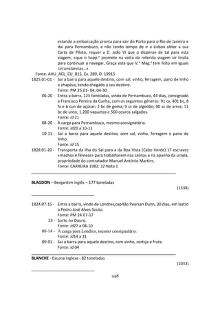 248
estando a embarcação pronta para sair do Porto para o Rio de Janeiro e
daí para Pernambuco, e não tendo tempo de ir a Lisboa obter a sua
Carta de Piloto, requer a D. João VI que o dispense de tal para esta
viagem, «que o Supp.e promete na volta da referida viagem vir tiralla
para continuar a navegar, Graça esta que V.a Mag.e tem feito em iguais
circunstancias…»
Fonte: AHU_ACL_CU_015, Cx. 289, D. 19915
1825.01-01 - Sai a barra para aquele destino, com sal, vinho, ferragem, pano de linho
e chapéus, tendo chegado a seu destino.
Fonte: PM 25.01- 04; 04-30
06-20 - Entra a barra, 125 toneladas, vindo de Pernambuco, 44 dias, consignado
a Francisco Pereira da Cunha, com os seguintes géneros: 91 cx, 401 bc, 8
fx e 6 cun de açúcar; 2 bc de goma; 9 sc de algodão; 90 sc de arroz; 11
bc de unto; 1.200 vaquetas e 560 couros salgados.
Fonte: id 21
08-20 - À carga para Pernambuco, mesmo consignatário.
Fonte: id20 a 10-11
10-11 - Sai a barra para aquele destino, com sal, vinho, ferragem e pano de
linho.
Fonte: id 15
1828.01-20 - Transporta da ilha do Sal para a da Boa Vista (Cabo Verde) 17 escravos
«machos e fêmeas» para trabalharem nas salinas e na apanha da urzela,
propriedade do contratador Manuel António Martins.
Fonte: CARREIRA 1982: 32 Nota 1
BLAGDON – Bergantim inglês – 177 toneladas
(1338)
1824.07-15 - Entra a barra, vindo de Londres,capitão Pearsan Dunn, 30 dias, em lastro
a Pedro José Alves Souto.
Fonte: PM 24.07-17
23 - Surto no Douro.
Fonte: id27 a 08-10
08-14 - À carga para Londres, mesmo consignatário.
Fonte: id14 a 31
09-01 - Sai a barra para aquele destino, com vinho, cortiça e fruta.
Fonte: id 04
BLANCHE - Escuna inglesa - 82 toneladas
(1033)
 