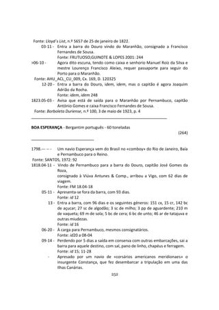 252
Fonte: Lloyd´s List, n.º 5657 de 25 de janeiro de 1822.
03-11 - Entra a barra do Douro vindo do Maranhão, consignado a Francisco
Fernandes de Sousa.
Fonte: FRUTUOSO;GUINOTE & LOPES 2001: 244
>06-10 - Agora dito escuna, tendo como caixa e senhorio Manuel Roiz da Silva e
mestre Lourenço Francisco Aleixo, requer passaporte para seguir do
Porto para o Maranhão.
Fonte: AHU_ACL_CU_009, Cx. 169, D. 120325
12-20 - Entra a barra do Douro, idem, idem, mas o capitão é agora Joaquim
Adrião da Rocha.
Fonte: idem, idem 248
1823.05-03 - Avisa que está de saída para o Maranhão por Pernambuco, capitão
António Gomes e caixa Francisco Fernandes de Sousa.
Fonte: Borboleta Duriense, n.º 100, 3 de maio de 1923, p. 4
BOA ESPERANÇA - Bergantim português - 60 toneladas
(264)
1798.--- -- - Um navio Esperança vem do Brasil no «comboy» do Rio de Janeiro, Baía
e Pernambuco para o Reino.
Fonte: SANTOS, 1972: 92
1818.04-11 - Vindo de Pernambuco para a barra do Douro, capitão José Gomes da
Roza,
consignado à Viúva Antunes & Comp., arribou a Vigo, com 62 dias de
viagem.
Fonte: FM 18.04-18
05-11 - Apresenta-se fora da barra, com 93 dias.
Fonte: id 12
13 - Entra a barra, com 96 dias e os seguintes géneros: 151 cx, 15 cr, 142 bc
de açucar; 27 sc de algodão; 3 sc de milho; 3 pp de aguardente; 210 m
de vaqueta; 69 m de sola; 5 bc de cera; 6 bc de unto; 46 ar de tatajuva e
outras miudezas.
Fonte: id 16
06-20 - À carga para Pernambuco, mesmos consignatários.
Fonte: id20 a 08-04
09-14 - Perdendo por 5 dias a saída em conserva com outras embarcações, sai a
barra para aquele destino, com sal, pano de linho, chapéus e ferragem.
Fonte: id 15; 11-28
- Apresado por um navio de «corsários americanos meridionaes» o
insurgente Constança, que fez desembarcar a tripulação em uma das
Ilhas Canárias.
 