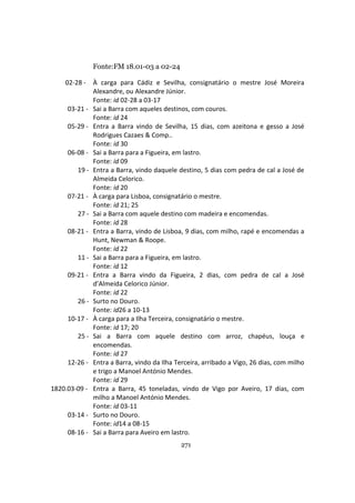 271
Fonte:FM 18.01-03 a 02-24
02-28 - À carga para Cádiz e Sevilha, consignatário o mestre José Moreira
Alexandre, ou Alexandre Júnior.
Fonte: id 02-28 a 03-17
03-21 - Sai a Barra com aqueles destinos, com couros.
Fonte: id 24
05-29 - Entra a Barra vindo de Sevilha, 15 dias, com azeitona e gesso a José
Rodrigues Cazaes & Comp..
Fonte: id 30
06-08 - Sai a Barra para a Figueira, em lastro.
Fonte: id 09
19 - Entra a Barra, vindo daquele destino, 5 dias com pedra de cal a José de
Almeida Celorico.
Fonte: id 20
07-21 - À carga para Lisboa, consignatário o mestre.
Fonte: id 21; 25
27 - Sai a Barra com aquele destino com madeira e encomendas.
Fonte: id 28
08-21 - Entra a Barra, vindo de Lisboa, 9 dias, com milho, rapé e encomendas a
Hunt, Newman & Roope.
Fonte: id 22
11 - Sai a Barra para a Figueira, em lastro.
Fonte: id 12
09-21 - Entra a Barra vindo da Figueira, 2 dias, com pedra de cal a José
d’Almeida Celorico Júnior.
Fonte: id 22
26 - Surto no Douro.
Fonte: id26 a 10-13
10-17 - À carga para a Ilha Terceira, consignatário o mestre.
Fonte: id 17; 20
25 - Sai a Barra com aquele destino com arroz, chapéus, louça e
encomendas.
Fonte: id 27
12-26 - Entra a Barra, vindo da Ilha Terceira, arribado a Vigo, 26 dias, com milho
e trigo a Manoel António Mendes.
Fonte: id 29
1820.03-09 - Entra a Barra, 45 toneladas, vindo de Vigo por Aveiro, 17 dias, com
milho a Manoel António Mendes.
Fonte: id 03-11
03-14 - Surto no Douro.
Fonte: id14 a 08-15
08-16 - Sai a Barra para Aveiro em lastro.
 