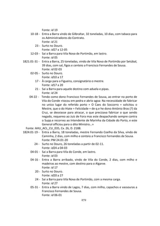 272
Fonte: id 19
10-18 - Entra a Barra vindo de Gilbraltar, 32 toneladas, 10 dias, com tabaco para
os Administradores do Contrato.
Fonte: id 21
23 - Surto no Douro.
Fonte: id27 a 12-05
12-03 - Sai a Barra para Vila Nova de Portimão, em lastro.
Fonte: id 05
1821.01-31 - Entra a Barra, 25 toneladas, vindo de Vila Nova de Portimão por Setúbal,
39 dias, com sal, figos e centeio a Francisco Fernandes de Sousa.
Fonte: id 02-03
02-05 - Surto no Douro.
Fonte: id10 a 17
17 - À carga para a Figueira, consignatário o mestre.
Fonte: id17 a 20
21 - Sai a Barra para aquele destino com aduela e pipas.
Fonte: id 24
04-22 - Tendo como dono Francisco Fernandes de Sousa, ao entrar no porto de
Vila do Conde «tocou em pedra e abrio agoa: Na necessidade de fabricar
no unico lugar do referido porto = O Caes do Soccorro = solicitou o
Mestre, que o do Hiate = Felicidade = de q.e he dono António Bras (?) da
Cruz, se desviasse para atracar, o que precizava fabricar o que sendo
negado, requereo ao Juiz de Fora mas este deapachando sempre contra
o Supp.e recorreo ao Intendente de Marinha da Cidade do Porto, e este
General officiou para o dito Ministro…»
Fonte: AHU_ACL_CU_035, Cx. 26, D. 2188.
1824.01-19 - Entra a Barra, 18 toneladas, mestre Fernando Coelho da Silva, vindo de
Caminha, 2 dias, com milho e centeio a Francisco Fernandes de Sousa.
Fonte: PM 24.01-20
24 - Surto no Douro, 26 toneladas a partir de 02-11.
Fonte: id24 a 04-03
04-01 - Sai a Barra para Vila do Conde, em lastro.
Fonte: id 03
04-16 - Entra a Barra arribado, vindo de Vila do Conde, 2 dias, com milho e
madeiras ao mestre, com destino para o Algarve.
Fonte: id 17
20 - Surto no Douro.
Fonte: id20 a 27
24 - Sai a Barra para Vila Nova de Portimão, com a mesma carga.
Fonte: id 27
05-31 - Entra a Barra vindo de Lagos, 7 dias, com milho, capachos e vassouras a
Francisco Fernandes de Sousa.
Fonte: id 06-01
 