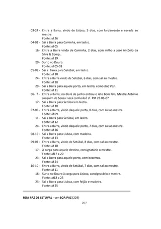 277
03-24 - Entra a Barra, vindo de Lisboa, 5 dias, com fardamento e cevada ao
mestre.
Fonte: id 26
04-02 - Sai a Barra para Caminha, em lastro.
Fonte: id 05
16 - Entra a Barra vindo de Caminha, 2 dias, com milho a José António da
Silva & Comp..
Fonte: id 19
29 - Surto no Douro.
Fonte: id 05-03
05-09 - Sai a Barra para Setúbal, em lastro.
Fonte: id 10
24 - Entra a Barra vindo de Setúbal, 6 dias, com sal ao mestre.
Fonte: id 28
29 - Sai a Barra para aquele porto, em lastro, como Boa Paz.
Fonte: id 31
06- ? - Entra a Barra; no dia 6 de junho entrou o iate Bom Fim, Mestre António
Joaquim de Sousa: será confusão? cf. PM 25.06-07
17 - Sai a Barra para Setúbal em lastro.
Fonte: id 18
07-05 - Entra a Barra, vindo daquele porto, 8 dias, com sal ao mestre.
Fonte: id 09
11 - Sai a Barra para Setúbal, em lastro.
Fonte: id 12
24 - Entra a Barra, vindo daquele porto, 7 dias, com sal ao mestre.
Fonte: id 26
08-10 - Sai a Barra para Lisboa, com madeira.
Fonte: id 13
09-07 - Entra a Barra, vindo de Setúbal, 8 dias, com sal ao mestre.
Fonte: id 10
17 - À carga para aquele destino, consignatário o mestre.
Fonte: id17 a 20
23 - Sai a Barra para aquele porto, com bezerros.
Fonte: id 24
10-10 - Entra a Barra, vindo de Setúbal, 7 dias, com sal ao mestre.
Fonte: id 11
18 - Surto no Douro à carga para Lisboa, consignatário o mestre.
Fonte: id18 a 25
23 - Sai a Barra para Lisboa, com feijão e madeira.
Fonte: id 25
BOA PAZ DE SETUVAL - ver BOA PAZ (229)
 