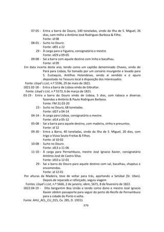 279
07-05 - Entra a barra do Douro, 140 toneladas, vindo da Ilha de S. Miguel, 26
dias, com milho a António José Rodrigues Barbosa & Filho.
Fonte: id 08
08-01 - Surto no Douro.
Fonte: id01 a 22
29 - À carga para a Figueira, consignatário o mestre.
Fonte: id29 a 09-05
09-08 - Sai a barra com aquele destino com linho e bacalhau.
Fonte: id 09
Em data incerta deste ano, tendo como um capitão denominado Chaves, vindo do
Pará para Lisboa, foi tomado por um corsário insurgente e levado para
S. Eustaquio, Antilhas Holandesas, sendo aí vendido e o apuro
depositado no Tesouro local à disposição dos interessados.
Fonte: Lloyd´s List, n.º 5596, 29 de maio de 1821.
1821.02-18 - Entra a barra de Lisboa vindo de Gibraltar.
Fonte: Lloyd´s List, n.º 5573, 6 de março de 1821.
03-19 - Entra a barra do Douro vindo de Lisboa, 5 dias, com tabaco e diversas
fazendas a António & Paulo Rodrigues Barbosa.
Fonte: FM 21.03-20
23 - Surto no Douro, 68 toneladas.
Fonte: id27 a 04-14
04-14 - À carga para Lisboa, consignatário o mestre.
Fonte: id14 a 05-12
05-08 - Sai a barra para aquele destino, com madeira, vinho e presuntos.
Fonte: id 12
09-30 - Entra a Barra, 40 toneladas, vindo da Ilha de S. Miguel, 20 dias, com
trigo a Viúva Souto Freitas & Filhos.
Fonte: id 10-02
10-08 - Surto no Douro.
Fonte: id13 a 11-06
11-10 - À carga para Pernambuco, mestre José Ignacio Xavier, consignatário
António José de Castro Silva.
Fonte: id10 a 12-01
29 - Sai a barra do Douro para aquele destino com sal, bacalhau, chapéus e
encomendas.
Fonte: id 12-01
Por alturas da Madeira, teve de voltar para trás, aportando a Setúbal (St. Ubes).
Depois de reparado e reforçado, seguiu viagem
Fontes: Lloyd´s List, n.º 5666, 2 de janeiro; idem, 5671, 8 de fevereiro de 1822.
1822.04-19 - Dito bergantim Boa União e tendo como dono e mestre José Ignacio
Xavier obtém passaporte para seguir do porto do Recife de Pernambuco
para a cidade do Porto e volta.
Fonte: AHU_ACL_CU_015, Cx. 285, D. 19551
 