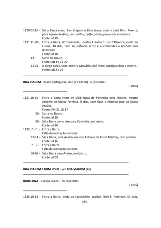 282
1820.02-15 - Sai a Barra como Boa Viagem e Bom Jesus, mestre José Diniz Pereira,
para aquele destino, com milho, feijão, vinho, presuntos e madeira.
Fonte: id 19
1821.11-08 - Entra a Barra, 40 toneladas, mestre Francisco Luís d'Oliveira, vindo de
Lisboa, 10 dias, com sal, tabaco, arroz e encomendas a António Luís
d'Oliveira.
Fonte: id 10
13 - Surto no Douro.
Fonte: id13 a 12-22
12-22 - À carga para Lisboa, mestre Januário José Pinto, consignatário o mestre.
Fonte: id22 a 25
BOA VIAGEM - Rasca portuguesa; iate (21.10-30) - 6 toneladas
(1036)
1821.10-24 - Entra a Barra vinda de Villa Nova de Portimão pela Ericeira, mestre
António da Motta Ferreira, 9 dias, com figos a António José de Sousa
Araújo.
Fonte: FM 21.10-27
26 - Surta no Douro.
Fonte: id 30
30 - Sai a Barra como iate para Caminha, em lastro.
Fonte: id 30
1825. ?- ? - Entra a Barra.
Falta de indicação na fonte
07-14 - Sai a Barra, para Aveiro, mestre António da Costa Martins, com centeio.
Fonte: id 16
? - ? - Entra a Barra.
Falta de indicação na fonte
08-06 - Sai a Barra para Aveiro, em lastro.
Fonte: id 09
BOA VIAGEM E BOM JESUS - ver BOA VIAGEM (46)
BOBELLINA – Escuna sueca – 96 toneladas
(1355)
1825.10-13 - Entra a Barra, vinda de Stockholm, capitão John E. Petersen, 54 dias,
 