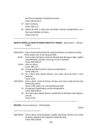 283
com ferro e tabuado a VanZellers & Comp..
Fonte: PM 25.10-15
17 - Surto no Douro.
Fonte: id22 a 25
25 - Depois de estar à carga para Harmstadt, mesmos consignatários, sai a
Barra para Setúbal, em lastro.
Fonte: id 25; 29
BOLETTE MARIA (ou BOLETTA MARIA; BOLETTE ET MARIE) – Berg. dinam. – 100 ton.
(1044)
1824.03-09 - Entra a barra de Darmouth (II), vindo de Rostock, com destino a Lisboa.
Fonte: Lloyd´s List, 12 de março de 1824
04-26 - Entra a barra do Douro, vindo de Rostock pela Noruega e Vigo, capitão
Jacob Bendixon, 213 dias, com trigo a A. & F. VanZeller.
Fonte: PM 24.04-27
05-01 - Surto no Douro.
Fonte: id01 a 11
18 - À carga para Buenos Aires, mesmos consignatários.
Fonte: id18 a 25
25 - Sai a Barra para aquele destino, com vinho, pano de linho e mais
fazendas.
Fonte: id 29
1825.08-02 - Entra a Barra, vindo de Pernau, 42 dias, com linho a João Ferreira dos
Santos Silva Júnior.
Fonte: id 06; Lloyd´s List, 2 de setembro de 1825
13 - À carga para Copenhaque, mesmo consignatário.
Fonte: PM 25.08-13
19 - Sai a Barra para aquele destino, capitão Boy (!) Bendixen, pela Figueira,
com sal.
Fonte: id 20
BOLLINA – Escuna americana – 110 toneladas
(1352)
1825.09-03 - Entra a Barra, vinda de Boston, capitão Luke Chase, 38 dias, com azeite
de peixe e aduela a Hunt, Newman, Roope & Comp..
Fonte: PM 25.09-06
 