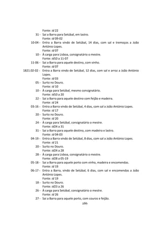 286
Fonte: id 22
31 - Sai a Barra para Setúbal, em lastro.
Fonte: id 09-02
10-04 - Entra a Barra vindo de Setúbal, 14 dias, com sal e tremoços a João
António Lopes.
Fonte: id 07
10 - À carga para Lisboa, consignatário o mestre.
Fonte: id10 a 11-07
11-06 - Sai a Barra para aquele destino, com vinho.
Fonte: id 07
1821.02-02 - Entra a Barra vindo de Setúbal, 12 dias, com sal e arroz a João António
Lopes.
Fonte: id 03
05 - Surto no Douro.
Fonte: id 10
10 - À carga para Setúbal, mesmo consignatário.
Fonte: id10 a 20
22 - Sai a Barra para aquele destino com feijão e madeira.
Fonte: id 24
03-16 - Entra a Barra vindo de Setúbal, 4 dias, com sal a João António Lopes.
Fonte: id 17
20 - Surto no Douro.
Fonte: id 20
24 - À carga para Setúbal, consignatário o mestre.
Fonte: id24 a 31
31 - Sai a Barra para aquele destino, com madeira e lastro.
Fonte: id 04-03
04-19 - Entra a Barra vindo de Setúbal, 8 dias, com sal a João António Lopes.
Fonte: id 21
20 - Surto no Douro.
Fonte: id24 a 28
28 - À carga para Lisboa, consignatário o mestre.
Fonte: id28 a 05-19
05-18 - Sai a Barra para aquele porto com vinho, madeira e encomendas.
Fonte: id 19
06-17 - Entra a Barra, vindo de Setúbal, 6 dias, com sal e encomendas a João
António Lopes.
Fonte: id 19
18 - Surto no Douro.
Fonte: id23 a 26
26 - À carga para Setúbal, consignatário o mestre.
Fonte: id 26
27 - Sai a Barra para aquele porto, com couros e feijão.
 