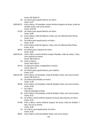 297
Fonte: FM 18.06-23
26 - Sai a Barra para aquele destino, em lastro.
Fonte: id 27
1820.06-27 - Entra a Barra, 15 toneladas, mestre António Joaquim de Sousa, vindo de
Setúbal, 6 dias, com sal ao mestre.
Fonte: id 07-01
07-03 - Sai a Barra para aquele destino, em lastro.
Fonte: id 04
11 - Entra a Barra, vindo da Figueira, 4 dias, com sal a Manoel Alves Póvoa.
Fonte: id 15
15 - Sai a Barra para aquele porto, em lastro.
Fonte: id 18
27 - Entra a Barra vindo da Figueira, 5 dias, com sal a Manoel Alves Póvoa.
Fonte: id 29
08-02 - Sai a Barra para a Figueira em lastro.
Fonte: id 05
1824.03-10 - Entra a Barra, mestre António Joaquim Rosado, vindo de Lisboa, 3 dias,
com sardinha ao mestre.
Fonte: PM 24.03-13
12 - Surto no Douro.
Fonte: id16 a 04-13
04-13 - À carga para Lisboa, consignatário o mestre.
Fonte: id13 a 27
24 - Sai a Barra para aquele destino, com madeira.
Fonte: id 27
1825.01-09 - Entra a Barra, 15 toneladas, vindo de Setúbal, 6 dias, com sal ao mestre.
Fonte: PM 25.01-11
15 - Sai a Barra para Setúbal, em lastro.
Fonte: id 18
06-06 - Entra a Barra, 16 toneladas, vindo de Setúbal, 6 dias, com sal ao mestre.
Fonte: id 09
? - Sai a Barra.
Falta de indicação na fonte
20 - Entra a Barra, 15 toneladas, vindo de Setúbal, 4 dias, com sal ao mestre.
Fonte: id 21
24 - Sai a Barra, mestre António Joaquim de Sousa, para Setuval, em lastro.
Fonte: id 25
07-08 - Entra a Barra, mestre António Joaquim de Sousa, vindo de Setúbal, 7
dias, com sal ao mestre.
Fonte: id 09
14 - Sai a Barra, para aquele porto, em lastro.
Fonte: id 16
08-01 - Entra a Barra, vindo de Setúbal, 8 dias, com sal ao mestre.
 