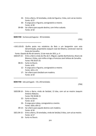 301
26 - Entra a Barra, 32 toneladas, vindo da Figueira, 2 dias, com sal ao mestre.
Fonte: id 27
30 - À carga para a Figueira, consignatário o mestre.
Fonte: id 30
09-08 - Sai a Barra para aquele destino, com linho e aduela.
Fonte: id 10
BOM FIM - Sumaca portuguesa - 30 toneladas
(795)
<1811.03-01- Quilha posta nos estaleiros da Baía a um bergantim com esta
denominação, proprietário Joaquim José de Oliveira, construtor José da
Costa de Carvalho.
Fonte: Gazeta do Rio de Janeiro, 15 de maio de 1811, p. 4
1820.07-23 - Entra a Barra vinda da Ilha de S. Miguel, capitão Bartholomeu Alvaro de
Bitancur, 8 dias, com milho e trigo a Francisco José Velloso de Carvalho.
Fonte: FM 20.07-25
08-01 - Surta no Douro.
Fonte: id 01
12 - À carga para a Figueira, consignatário o mestre.
Fonte: id12 a 15
17 - Sai a Barra para Setúbal com madeira.
Fonte: id 19
BOM FIM - Iate português – 35 a 40 toneladas
(794)
1820.08-14 - Entra a Barra, vindo de Setúbal, 13 dias, com sal ao mestre Joaquim
António Aldeano.
Fonte: FM 20.08-15
22 - Surto no Douro.
Fonte: id 22
26 - À carga para Lisboa, consignatário o mestre.
Fonte: id26 a 09-12
09-13 - Sai a Barra para aquele destino com madeira.
Fonte: id 16
1821.04-15 - Entra a Barra, 35 toneladas, vindo de Setúbal, 8 dias, com sal ao mestre.
Fonte: id 17
16 - Surto no Douro.
 