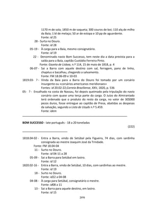 309
1170 m de sola; 1850 m de vaqueta; 300 couros de boi; 110 alq de milho
da Baía; 1 bl de melaço; 50 ar de estopa e 10 pp de aguardente.
Fonte: id 25
28 - Surta no Douro.
Fonte: id 28
05-19 - À carga para a Baía, mesmo consignatário.
Fonte: id 19
22 - Denominado navio Bom Successo, tem neste dia a data prevista para a
saída para a Baía, capitão Custódio Ferreira Pinto.
Fonte: Gazeta de Lisboa, n.º 114, 15 de maio de 1818, p. 4
06-07 - Sai a Barra com aquele destino com sal, ferragem, pano de linho,
chapéus e bacalhau, chegando a salvamento.
Fonte: FM 18.06-09 e 10-03
1819.03- ? - Vinda da Baía para a Barra do Douro foi tomado por um corsário
insurgente ou «corsários americanos meridionaes»
Fontes: id 20.02-22;Correio Braziliense, XXV, 1820, p. 536
05- ? - Encalhado na costa de Nassau, foi depois queimado pela tripulação do navio
corsário com quase uma terça parte da carga. O Juízo do Almirantado
terá ordenado que o produto do resto da carga, no valor de 30$000
pezos duros, fosse entregue ao capitão de Presa, abatidas as despesas
da salvação, segundo a Lista de Lloyds n.º 5.459.
Fonte: idem
BOM SUCCESSO - Iate português - 18 a 20 toneladas
(222)
1818.04-02 - Entra a Barra, vindo de Setúbal pela Figueira, 74 dias, com sardinha
consignada ao mestre Joaquim José da Trindade.
Fonte: FM 18.04-04
11 - Surto no Douro.
Fonte: id 04-11 a 28
05-09 - Sai a Barra para Setúbal em lastro.
Fonte: id 12
1820.02-16 - Entra a Barra, vindo de Setúbal, 10 dias, com sardinhas ao mestre.
Fonte: id 19
18 - Surto no Douro.
Fonte: id22 a 04-08
04-08 - À carga para Setúbal, consignatário o mestre.
Fonte: id08 a 11
13 - Sai a Barra para aquele destino, em lastro.
Fonte: id 15
 
