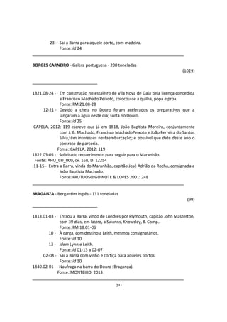 311
23 - Sai a Barra para aquele porto, com madeira.
Fonte: id 24
BORGES CARNEIRO - Galera portuguesa - 200 toneladas
(1029)
1821.08-24 - Em construção no estaleiro de Vila Nova de Gaia pela licença concedida
a Francisco Machado Peixoto, colocou-se a quilha, popa e proa.
Fonte: FM 21.08-28
12-21 - Devido a cheia no Douro foram acelerados os preparativos que a
lançaram à água neste dia; surta no Douro.
Fonte: id 25
CAPELA, 2012: 119 escreve que já em 1818, João Baptista Moreira, conjuntamente
com J. B. Machado, Francisco MachadoPeixoto e João Ferreira do Santos
Silva,têm interesses nestaembarcação; é possível que date deste ano o
contrato de parceria.
Fonte: CAPELA, 2012: 119
1822.03-05 - Solicitado requerimento para seguir para o Maranhão.
Fonte: AHU_CU_009, cx. 168, D. 12254
.11-15 - Entra a Barra, vinda do Maranhão, capitão José Adrião da Rocha, consignada a
João Baptista Machado.
Fonte: FRUTUOSO;GUINOTE & LOPES 2001: 248
BRAGANZA - Bergantim inglês - 131 toneladas
(99)
1818.01-03 - Entrou a Barra, vindo de Londres por Plymouth, capitão John Masterton,
com 39 dias, em lastro, a Swanns, Knowsley, & Comp..
Fonte: FM 18.01-06
10 - À carga, com destino a Leith, mesmos consignatários.
Fonte: id 10
13 - idem Lynn e Leith.
Fonte: id 01-13 a 02-07
02-08 - Sai a Barra com vinho e cortiça para aqueles portos.
Fonte: id 10
1840.02-01 - Naufraga na barra do Douro (Bragança).
Fonte: MONTEIRO, 2013
 