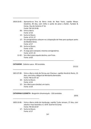 341
1818.10-05 - Apresenta-se fora da Barra vinda de New Yorck, capitão Moses
Goodrick, 40 dias, com milho e azeite de peixe a Butler, Tyndale &
Comp., Rua do Calvário nº 16.
Fonte: FM 18.10-06
06 - Entra a Barra.
Fonte: id 10
13 - Surta no Douro.
Fonte: id 13; 17
17 - Os consignatários colocam-na à disposição de frete para qualquer porto
do Mediterrâneo.
Fonte: id 17
20 - Surta no Douro.
Fonte: id 20
27 - À carga para Liverpool, mesmos consignatários.
Fonte: id 27; 31
11-02 - Sai a Barra para aquele destino, com fruta.
Fonte: id 03
CATHARINE - Galeota sueca - 80 toneladas
(1115)
1821.07-08 - Entra a Barra vinda de Pernau por Elseneur, capitão Hendrick Rentz, 35
dias, com linho a Miguel de Mendanha Benevides.
Fonte: FM 21.07-10
20 - Surta no Douro.
Fonte: id 24
22 - Sai a Barra para Setúbal, em lastro.
Fonte: id 24
CATHERINA ELIZABETH - Bergantim dinamarquês - 136 toneladas
(819)
1820.10-06 - Entra a Barra vindo de Hamburgo, capitão Tucke Jenssen, 27 dias, com
aduela e mais fazendas a C. & M. Guerner & Comp.
Fonte: FM 20.10-07
17 - Surta no Douro.
Fonte: id 17
 