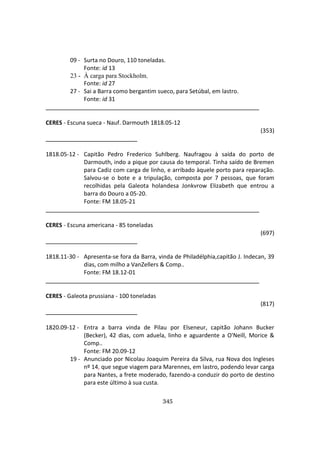 345
09 - Surta no Douro, 110 toneladas.
Fonte: id 13
23 - À carga para Stockholm.
Fonte: id 27
27 - Sai a Barra como bergantim sueco, para Setúbal, em lastro.
Fonte: id 31
CERES - Escuna sueca - Nauf. Darmouth 1818.05-12
(353)
1818.05-12 - Capitão Pedro Frederico Suhlberg. Naufragou à saída do porto de
Darmouth, indo a pique por causa do temporal. Tinha saído de Bremen
para Cadiz com carga de linho, e arribado àquele porto para reparação.
Salvou-se o bote e a tripulação, composta por 7 pessoas, que foram
recolhidas pela Galeota holandesa Jonkvrow Elizabeth que entrou a
barra do Douro a 05-20.
Fonte: FM 18.05-21
CERES - Escuna americana - 85 toneladas
(697)
1818.11-30 - Apresenta-se fora da Barra, vinda de Philadélphia,capitão J. Indecan, 39
dias, com milho a VanZellers & Comp..
Fonte: FM 18.12-01
CERES - Galeota prussiana - 100 toneladas
(817)
1820.09-12 - Entra a barra vinda de Pilau por Elseneur, capitão Johann Bucker
(Becker), 42 dias, com aduela, linho e aguardente a O'Neill, Morice &
Comp..
Fonte: FM 20.09-12
19 - Anunciado por Nicolau Joaquim Pereira da Silva, rua Nova dos Ingleses
nº 14, que segue viagem para Marennes, em lastro, podendo levar carga
para Nantes, a frete moderado, fazendo-a conduzir do porto de destino
para este último à sua custa.
 