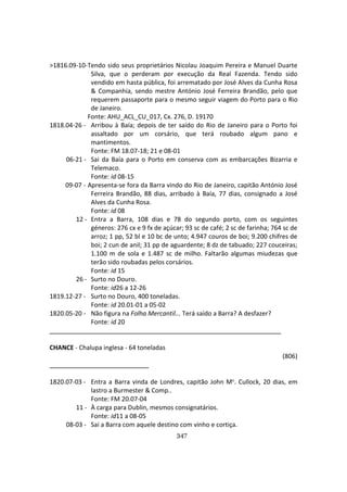 347
>1816.09-10-Tendo sido seus proprietários Nicolau Joaquim Pereira e Manuel Duarte
Silva, que o perderam por execução da Real Fazenda. Tendo sido
vendido em hasta pública, foi arrematado por José Alves da Cunha Rosa
& Companhia, sendo mestre António José Ferreira Brandão, pelo que
requerem passaporte para o mesmo seguir viagem do Porto para o Rio
de Janeiro.
Fonte: AHU_ACL_CU_017, Cx. 276, D. 19170
1818.04-26 - Arribou à Baía; depois de ter saído do Rio de Janeiro para o Porto foi
assaltado por um corsário, que terá roubado algum pano e
mantimentos.
Fonte: FM 18.07-18; 21 e 08-01
06-21 - Sai da Baía para o Porto em conserva com as embarcações Bizarria e
Telemaco.
Fonte: id 08-15
09-07 - Apresenta-se fora da Barra vindo do Rio de Janeiro, capitão António José
Ferreira Brandão, 88 dias, arribado à Baía, 77 dias, consignado a José
Alves da Cunha Rosa.
Fonte: id 08
12 - Entra a Barra, 108 dias e 78 do segundo porto, com os seguintes
géneros: 276 cx e 9 fx de açúcar; 93 sc de café; 2 sc de farinha; 764 sc de
arroz; 1 pp, 52 bl e 10 bc de unto; 4.947 couros de boi; 9.200 chifres de
boi; 2 cun de anil; 31 pp de aguardente; 8 dz de tabuado; 227 couceiras;
1.100 m de sola e 1.487 sc de milho. Faltarão algumas miudezas que
terão sido roubadas pelos corsários.
Fonte: id 15
26 - Surto no Douro.
Fonte: id26 a 12-26
1819.12-27 - Surto no Douro, 400 toneladas.
Fonte: id 20.01-01 a 05-02
1820.05-20 - Não figura na Folha Mercantil... Terá saído a Barra? A desfazer?
Fonte: id 20
CHANCE - Chalupa inglesa - 64 toneladas
(806)
1820.07-03 - Entra a Barra vinda de Londres, capitão John Mc. Cullock, 20 dias, em
lastro a Burmester & Comp..
Fonte: FM 20.07-04
11 - À carga para Dublin, mesmos consignatários.
Fonte: id11 a 08-05
08-03 - Sai a Barra com aquele destino com vinho e cortiça.
 