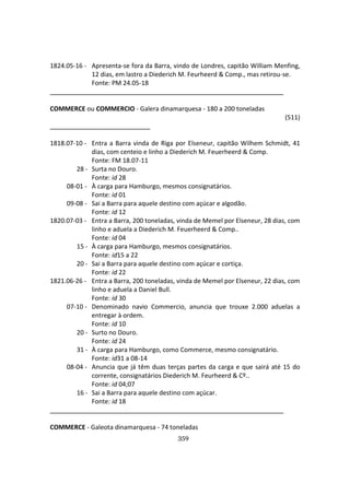 359
1824.05-16 - Apresenta-se fora da Barra, vindo de Londres, capitão William Menfing,
12 dias, em lastro a Diederich M. Feurheerd & Comp., mas retirou-se.
Fonte: PM 24.05-18
COMMERCE ou COMMERCIO - Galera dinamarquesa - 180 a 200 toneladas
(511)
1818.07-10 - Entra a Barra vinda de Riga por Elseneur, capitão Wilhem Schmidt, 41
dias, com centeio e linho a Diederich M. Feuerheerd & Comp.
Fonte: FM 18.07-11
28 - Surta no Douro.
Fonte: id 28
08-01 - À carga para Hamburgo, mesmos consignatários.
Fonte: id 01
09-08 - Sai a Barra para aquele destino com açúcar e algodão.
Fonte: id 12
1820.07-03 - Entra a Barra, 200 toneladas, vinda de Memel por Elseneur, 28 dias, com
linho e aduela a Diederich M. Feuerheerd & Comp..
Fonte: id 04
15 - À carga para Hamburgo, mesmos consignatários.
Fonte: id15 a 22
20 - Sai a Barra para aquele destino com açúcar e cortiça.
Fonte: id 22
1821.06-26 - Entra a Barra, 200 toneladas, vinda de Memel por Elseneur, 22 dias, com
linho e aduela a Daniel Bull.
Fonte: id 30
07-10 - Denominado navio Commercio, anuncia que trouxe 2.000 aduelas a
entregar à ordem.
Fonte: id 10
20 - Surto no Douro.
Fonte: id 24
31 - À carga para Hamburgo, como Commerce, mesmo consignatário.
Fonte: id31 a 08-14
08-04 - Anuncia que já têm duas terças partes da carga e que sairá até 15 do
corrente, consignatários Diederich M. Feurheerd & Cº..
Fonte: id 04;07
16 - Sai a Barra para aquele destino com açúcar.
Fonte: id 18
COMMERCE - Galeota dinamarquesa - 74 toneladas
 