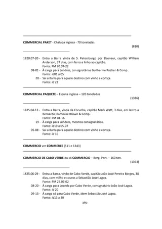 362
COMMERCIAL PAKET - Chalupa inglesa - 70 toneladas
(810)
1820.07-20 - Entra a Barra vinda de S. Petersburgo por Elseneur, capitão William
Anderson, 37 dias, com ferro e linho ao capitão.
Fonte: FM 20.07-22
08-01 - À carga para Londres, consignatários Guilherme Rocher & Comp..
Fonte: id01 a 05
20 - Sai a Barra para aquele destino com vinho e cortiça.
Fonte: id 22
COMMERCIAL PAQUETE – Escuna inglesa – 120 toneladas
(1386)
1825.04-13 - Entra a Barra, vinda da Corunha, capitão Mark Watt, 3 dias, em lastro a
Bernardo Clamouse Brown & Comp..
Fonte: PM 04-16
19 - À carga para Londres, mesmos consignatários.
Fonte: id19 a 05-07
05-08 - Sai a Barra para aquele destino com vinho e cortiça.
Fonte: id 10
COMMERCIO ver COMMERCE (511 e 1343)
COMMERCIO DE CABO VERDE ou só COMMERCIO – Berg. Port. – 160 ton.
(1393)
1825.06-29 - Entra a Barra, vindo de Cabo Verde, capitão João José Pereira Borges, 38
dias, com milho e couros a Sebastião José Lagoa.
Fonte: PM 25.07-02
08-20 - À carga para Loanda por Cabo Verde, consignatário João José Lagoa.
Fonte: id 20
09-13 - À carga só para Cabo Verde, idem Sebastião José Lagoa.
Fonte: id13 a 20
 