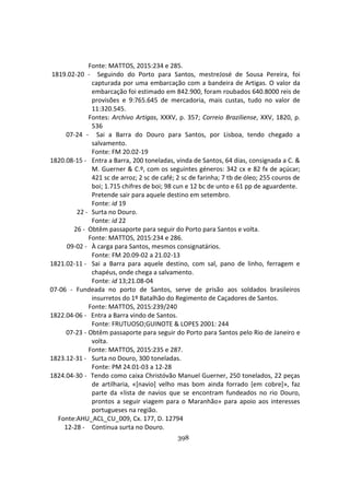 398
Fonte: MATTOS, 2015:234 e 285.
1819.02-20 - Seguindo do Porto para Santos, mestreJosé de Sousa Pereira, foi
capturada por uma embarcação com a bandeira de Artigas. O valor da
embarcação foi estimado em 842.900, foram roubados 640.8000 reis de
provisões e 9:765.645 de mercadoria, mais custas, tudo no valor de
11:320.545.
Fontes: Archivo Artigas, XXXV, p. 357; Correio Braziliense, XXV, 1820, p.
536
07-24 - Sai a Barra do Douro para Santos, por Lisboa, tendo chegado a
salvamento.
Fonte: FM 20.02-19
1820.08-15 - Entra a Barra, 200 toneladas, vinda de Santos, 64 dias, consignada a C. &
M. Guerner & C.º, com os seguintes géneros: 342 cx e 82 fx de açúcar;
421 sc de arroz; 2 sc de café; 2 sc de farinha; 7 tb de óleo; 255 couros de
boi; 1.715 chifres de boi; 98 cun e 12 bc de unto e 61 pp de aguardente.
Pretende sair para aquele destino em setembro.
Fonte: id 19
22 - Surta no Douro.
Fonte: id 22
26 - Obtêm passaporte para seguir do Porto para Santos e volta.
Fonte: MATTOS, 2015:234 e 286.
09-02 - À carga para Santos, mesmos consignatários.
Fonte: FM 20.09-02 a 21.02-13
1821.02-11 - Sai a Barra para aquele destino, com sal, pano de linho, ferragem e
chapéus, onde chega a salvamento.
Fonte: id 13;21.08-04
07-06 - Fundeada no porto de Santos, serve de prisão aos soldados brasileiros
insurretos do 1º Batalhão do Regimento de Caçadores de Santos.
Fonte: MATTOS, 2015:239/240
1822.04-06 - Entra a Barra vindo de Santos.
Fonte: FRUTUOSO;GUINOTE & LOPES 2001: 244
07-23 - Obtêm passaporte para seguir do Porto para Santos pelo Rio de Janeiro e
volta.
Fonte: MATTOS, 2015:235 e 287.
1823.12-31 - Surta no Douro, 300 toneladas.
Fonte: PM 24.01-03 a 12-28
1824.04-30 - Tendo como caixa Christóvão Manuel Guerner, 250 tonelados, 22 peças
de artilharia, «[navio] velho mas bom ainda forrado [em cobre]», faz
parte da «lista de navios que se encontram fundeados no rio Douro,
prontos a seguir viagem para o Maranhão» para apoio aos interesses
portugueses na região.
Fonte:AHU_ACL_CU_009, Cx. 177, D. 12794
12-28 - Continua surta no Douro.
 