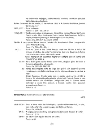 402
no estaleiro de Itapagipe, Arsenal Real da Marinha, construído por José
da Costa para particulares.
Fonte: Gazeta do Rio de Janeiro, 15 de maio de 1811, p. 4; Correio Braziliense, janeiro
de 1813, p. 617
1819.12-27 - Surto no Douro.
Fonte: FM 20.01-01 a 04-25
>1820.04-14- Tendo como caixas e interessados Diogo Roiz Corrêa, Manuel de Passos
Corrêa e João Alves de Oliveira Porto e mestre João Severiano da Silva,
requer passaporte para seguir do Porto para o Rio de Janeiro.
Fonte: AHU_CU_017, Cx. 284, D. 19992
04-29 - À carga para o Rio de Janeiro, capitão João Severiano da Silva, consignatário
Viúva Antunes &Comp..
Fonte: FM 20.04-29 a 11-11
10-22 - Surto no Douro, e dito Conde d’Arcos, salva com 21 tiros a notícia da
entrada em Lisboa da Junta Provisional do Supremo Governo do Reino
concertada com a Junta Interina da capital.
Fonte: RELAÇÃO DA SOLEMNE ACÇÂO DE GRAÇAS QUE O CORPO DO
COMMERCIO…1821: 4.
11-20 - Sai a Barra para aquele destino com vinho, chapéus, pano de linho, e
ferragem, chegando a salvamento.
Fonte: FM 20.11-21; 21.07-07
21 - Tendo descarregado parte da carga para poder sair, esperou que lha
remetessem a bordo fora da Barra; porém o tempo obrigou-o a arribar a
Vigo.
Diogo Rodrigues Corrêa tendo sido o capitão deste navio, devido a
doença, foi substituído pelo primeiro piloto José Pinto de Sousa, e isso
mesmo anuncia aos «Senhores Carregadores para o fazerem assim
participar a quem lhes convier, e ficarem cientes para qualquer
acontecimento futuro...».
Fonte: id 28
_______________________________________________________________ ____
CONESTROGA - Galera americana - 282 toneladas
(425)
1818.06-20 - Entra a Barra vinda de Philadelphia, capitão William Marskall, 24 dias,
com milho e farinha ao sobrecarga a bordo Henry Hanios.
Fonte: FM 18.06-23
07-25 - À carga para Londonderry, consignatários Campbell, Bowden & Taylor.
Fonte: id 25; 28
08-02 - Sai a Barra com aquele destino, em lastro.
Fonte: id 04
 