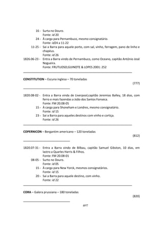 407
16 - Surta no Douro.
Fonte: id 20
24 - À carga para Pernambuco, mesmo consignatário.
Fonte: id24 a 11-22
11-25 - Sai a Barra para aquele porto, com sal, vinho, ferragem, pano de linho e
chapéus.
Fonte: id 26
1826.06-23 - Entra a Barra vindo de Pernambuco, como Oceano, capitão António José
Nogueira.
Fonte: FRUTUOSO;GUINOTE & LOPES 2001: 252
CONSTITUTION – Escuna inglesa – 70 toneladas
(777)
1820.08-02 - Entra a Barra vinda de Liverpool,capitão Jeremias Balley, 18 dias, com
ferro e mais fazendas a João dos Santos Fonseca.
Fonte: FM 20.08-05
15 - À carga para Shoneham e Londres, mesmo consignatário.
Fonte: id 15
23 - Sai a Barra para aqueles destinos com vinho e cortiça.
Fonte: id 26
COPERNICON – Bergantim americano – 120 toneladas
(812)
1820.07-31 - Entra a Barra vindo de Bilbau, capitão Samuel Gibston, 10 dias, em
lastro a Quarles Harris & Filhos.
Fonte: FM 20.08-01
08-05 - Surto no Douro.
Fonte: id 05
15 - À carga para New Yorck, mesmos consignatários.
Fonte: id 15
20 - Sai a Barra para aquele destino, com vinho.
Fonte: id 22
CORA – Galera prussiana – 180 toneladas
(820)
 