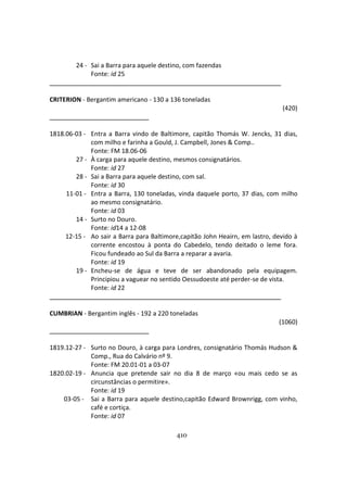 410
24 - Sai a Barra para aquele destino, com fazendas
Fonte: id 25
CRITERION - Bergantim americano - 130 a 136 toneladas
(420)
1818.06-03 - Entra a Barra vindo de Baltimore, capitão Thomás W. Jencks, 31 dias,
com milho e farinha a Gould, J. Campbell, Jones & Comp..
Fonte: FM 18.06-06
27 - À carga para aquele destino, mesmos consignatários.
Fonte: id 27
28 - Sai a Barra para aquele destino, com sal.
Fonte: id 30
11-01 - Entra a Barra, 130 toneladas, vinda daquele porto, 37 dias, com milho
ao mesmo consignatário.
Fonte: id 03
14 - Surto no Douro.
Fonte: id14 a 12-08
12-15 - Ao sair a Barra para Baltimore,capitão John Heairn, em lastro, devido à
corrente encostou à ponta do Cabedelo, tendo deitado o leme fora.
Ficou fundeado ao Sul da Barra a reparar a avaria.
Fonte: id 19
19 - Encheu-se de água e teve de ser abandonado pela equipagem.
Principiou a vaguear no sentido Oessudoeste até perder-se de vista.
Fonte: id 22
CUMBRIAN - Bergantim inglês - 192 a 220 toneladas
(1060)
1819.12-27 - Surto no Douro, à carga para Londres, consignatário Thomás Hudson &
Comp., Rua do Calvário nº 9.
Fonte: FM 20.01-01 a 03-07
1820.02-19 - Anuncia que pretende sair no dia 8 de março «ou mais cedo se as
circunstâncias o permitire».
Fonte: id 19
03-05 - Sai a Barra para aquele destino,capitão Edward Brownrigg, com vinho,
café e cortiça.
Fonte: id 07
 