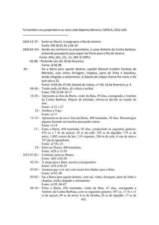 415
Foi também seu proprietário ou sócio João Baptista Moreira; CAPELA, 2012:120.
1819.12-27 - Surto no Douro, à carga para o Rio de Janeiro.
Fonte: FM 20.01-01 a 02-29
1820.02-14< Sendo seu senhorio ou proprietário, o caixa António da Cunha Barbosa,
pretende passaporte para seguir do Porto para o Rio de Janeiro.
Fonte: AHU_ACL_CU_ Cx. 284. D 19951.
02-08 - Pretende sair até 18 de fevereiro.
Fonte: id 02-08
29 - Sai a Barra para aquele destino, capitão Manuel Eusébio Cardoso de
Meireles, com vinho, ferragem, chapéus, pano de linho e bacalhau,
tendo chegado a salvamento. A Gazeta de Lisboa chama-lhe navio e diz
que saiu a 22.
Fonte: id 03-04; 07-04; Gazeta de Lisboa, n.º 40, 16 de fevereiro, p. 4
08-08 - Tendo saído da Baía, ali voltou a arribar.
Fonte: FM 20.08-10-17
10-20 - Apresenta-se fora da Barra, vindo da Baía, 69 dias, consignado a António
da Cunha Barbosa. Depois de pilotado, retirou-se devido ao estado do
mar.
Fonte: id 21 e 27
24 - Arribou a Vigo.
Fonte: id 31
11-12 - Apresenta-se de novo fora da Barra, 480 toneladas, 92 dias. Descarregou
alguma fazenda em lanchas para poder entrar.
Fonte: id 14
17 - Entra a Barra, 450 toneladas, 92 dias, conduzindo os seguintes géneros:
474 cx e 7 fx de açúcar; 10 sc de café; 105 sc de algodão; 179 sc de
arroz; 1.002 couros de boi; 110 vaquetas; 206 m de sola; 6 cun de unto e
107 pp de aguardente.
Fonte: id 18 e 21
24 - Surto no Douro, 400 toneladas.
Fonte: id28 a 12-30
1821.01-02 - Continua surta no Douro.
Fonte: id02 a 02-20
02-24 - À carga para a Baía, mesmo consignatário.
Fonte: id24 a 04-28
03-03 - Anuncia que «vai sair com muita brevidade» para a Baía.
Fonte: id 03; 06
05-02 - Sai a Barra para aquele destino, com sal, vinho, ferragem, pano de linho e
chapéus, tendo chegado a salvamento.
Fonte: id 05; 08-07
09-10 - Entra a Barra, 450 toneladas, vinda da Baía, 47 dias, consignada a
António da Cunha Barbosa, com os seguintes géneros; 587 cx, 11 fx e 11
cr de açúcar; 69 sc de arroz; 6 sc de farinha; 26 sc de algodão; 17 sc de
 