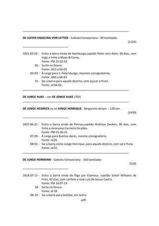 428
DE JUFFER ENGELINA VON LETTEN - Galeota hanoveriana - 90 toneladas
(1124)
1821.02-02 - Entra a barra vinda de Hamburgo,capitão Peter Jans Klein, 60 dias, com
trigo e linho a Maya & Comp..
Fonte: FM 21.02-03
05 - Surto no Douro.
Fonte: id13 a 03-03
03-03 - À carga para S. Petersburgo, mesmos consignatários.
Fonte: id03 a 04-03
31 - Sai a barra para aquele destino, com açúcar e fruta.
Fonte: id 04-03
DE JUNGE AUKE – ver DE JONGE AUKE (703)
DE JUNGE HEINRICK ou só JUNGE HENRIQUE - Bergantim dinam. - 128 ton.
(1439)
1825.06-21 - Entra a barra vindo de Pernau,capitão Andreas Decken, 36 dias, com
linho a Jeronymo Carneiro Giraldes.
Fonte: PM 25.06-21
07-05 - À carga para Buenos-Ayres, mesmo consignatário.
Fonte: id 05
08-01 - Sai a barra como Junge Henrique, para aquele destino, com sal e fruta.
Fonte: id 01
DE JUNGE HERMANN - Galeota hanoveriana - 160 toneladas
(519)
1818.07-13 - Entra a barra vinda de Riga por Elseneur, capitão Schell Williams de
Fries, 42 dias, com centeio a José Luís de Sousa Castro.
Fonte: FM 18.07-14
28 - Surta no Douro.
Fonte: id 28
08-14 - Sai a barra para Setúbal, em lastro.
 