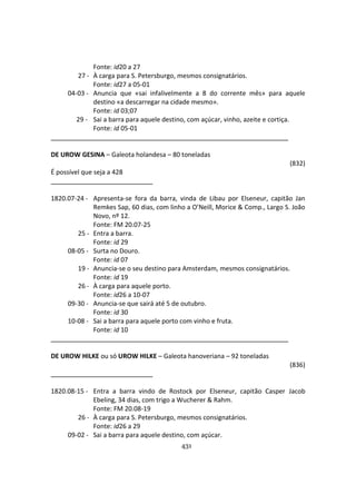 431
Fonte: id20 a 27
27 - À carga para S. Petersburgo, mesmos consignatários.
Fonte: id27 a 05-01
04-03 - Anuncia que «sai infalivelmente a 8 do corrente mês» para aquele
destino «a descarregar na cidade mesmo».
Fonte: id 03;07
29 - Sai a barra para aquele destino, com açúcar, vinho, azeite e cortiça.
Fonte: id 05-01
DE UROW GESINA – Galeota holandesa – 80 toneladas
(832)
É possível que seja a 428
1820.07-24 - Apresenta-se fora da barra, vinda de Libau por Elseneur, capitão Jan
Remkes Sap, 60 dias, com linho a O’Neill, Morice & Comp., Largo S. João
Novo, nº 12.
Fonte: FM 20.07-25
25 - Entra a barra.
Fonte: id 29
08-05 - Surta no Douro.
Fonte: id 07
19 - Anuncia-se o seu destino para Amsterdam, mesmos consignatários.
Fonte: id 19
26 - À carga para aquele porto.
Fonte: id26 a 10-07
09-30 - Anuncia-se que sairá até 5 de outubro.
Fonte: id 30
10-08 - Sai a barra para aquele porto com vinho e fruta.
Fonte: id 10
DE UROW HILKE ou só UROW HILKE – Galeota hanoveriana – 92 toneladas
(836)
1820.08-15 - Entra a barra vindo de Rostock por Elseneur, capitão Casper Jacob
Ebeling, 34 dias, com trigo a Wucherer & Rahm.
Fonte: FM 20.08-19
26 - À carga para S. Petersburgo, mesmos consignatários.
Fonte: id26 a 29
09-02 - Sai a barra para aquele destino, com açúcar.
 