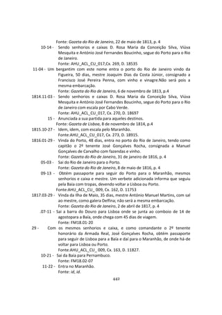 442
Fonte: Gazeta do Rio de Janeiro, 22 de maio de 1813, p. 4
10-14 - Sendo senhorios e caixas D. Rosa Maria da Conceição Silva, Viúva
Mesquita e António José Fernandes Boucinho, segue do Porto para o Rio
de Janeiro.
Fonte: AHU_ACL_CU_017,Cx. 269, D. 18535
11-04 - Um bergantim com este nome entra o porto do Rio de Janeiro vindo da
Figueira, 50 dias, mestre Joaquim Dias da Costa Júnior, consignado a
Francisco José Pereira Penna, com vinho e vinagre.Não será pois a
mesma embarcação.
Fonte: Gazeta do Rio de Janeiro, 6 de novembro de 1813, p.4
1814.11-03 - Sendo senhorios e caixas D. Rosa Maria da Conceição Silva, Viúva
Mesquita e António José Fernandes Boucinho, segue do Porto para o Rio
de Janeiro com escala por Cabo Verde.
Fonte: AHU_ACL_CU_017, Cx. 270, D. 18697
15 - Anunciada a sua partida para aqueles destinos.
Fonte: Gazeta de Lisboa, 8 de novembro de 1814, p.4
1815.10-27 - Idem, idem, com escala pelo Maranhão.
Fonte:AHU_ACL_CU_017, Cx. 273, D. 18915.
1816.01-29 - Vinda do Porto, 48 dias, entra no porto do Rio de Janeiro, tendo como
capitão o 2º tenente José Gonçalves Rocha, consignada a Manuel
Gonçalves de Carvalho com fazendas e vinho.
Fonte: Gazeta do Rio de Janeiro, 31 de janeiro de 1816, p. 4
05-03 - Sai do Rio de Janeiro para o Porto.
Fonte: Gazeta do Rio de Janeiro, 8 de maio de 1816, p. 4
09-13 - Obtém passaporte para seguir do Porto para o Maranhão, mesmos
senhorios e caixa e mestre. Um verbete adicionada informa que seguiu
pela Baia com tropas, devendo voltar a Lisboa ou Porto.
Fonte:AHU_ACL_CU_ 009, Cx. 162, D. 11753
1817.03-29 - Vinda da Ilha de Maio, 35 dias, mestre António Manuel Martins, com sal
ao mestre, como galera Delfina; não será a mesma embarcação.
Fonte: Gazeta do Rio de Janeiro, 2 de abril de 1817, p. 4
.07-11 - Sai a barra do Douro para Lisboa onde se junta ao comboio de 14 de
agostopara a Baía, onde chega com 45 dias de viagem.
Fonte: FM18.01-20
29 - Com os mesmos senhorios e caixa, e como comandante o 2º tenente
honorário da Armada Real, José Gonçalves Rocha, obtém passaporte
para seguir de Lisboa para a Baía e daí para o Maranhão, de onde há-de
voltar para Lisboa ou Porto.
Fonte:AHU_ACL_CU_ 009, Cx. 163, D. 11827.
10-21 - Sai da Baía para Pernambuco.
Fonte: FM18.02-07
11-22 - Entra no Maranhão.
Fonte: id, id.
 